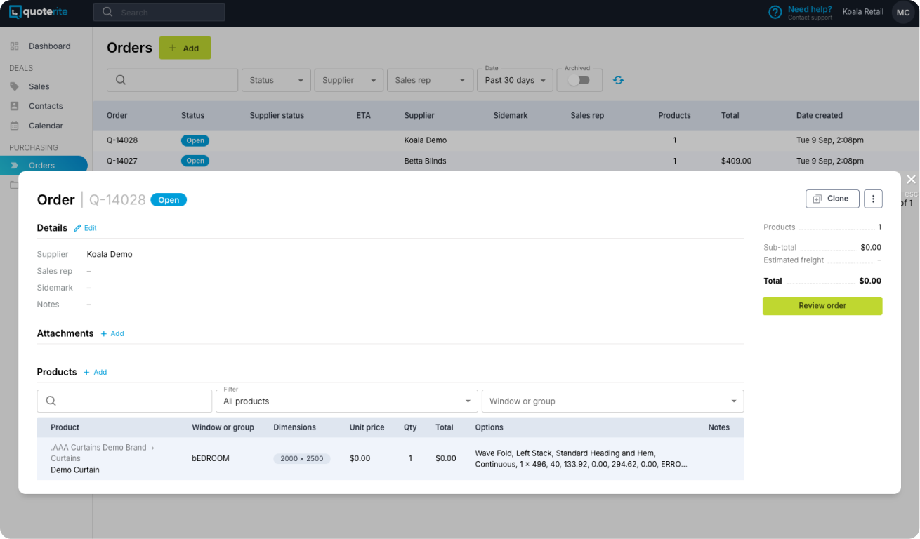 The real Quoterite app: an order screen with supplier details and a products table showing window, dimensions, options and unit pricing